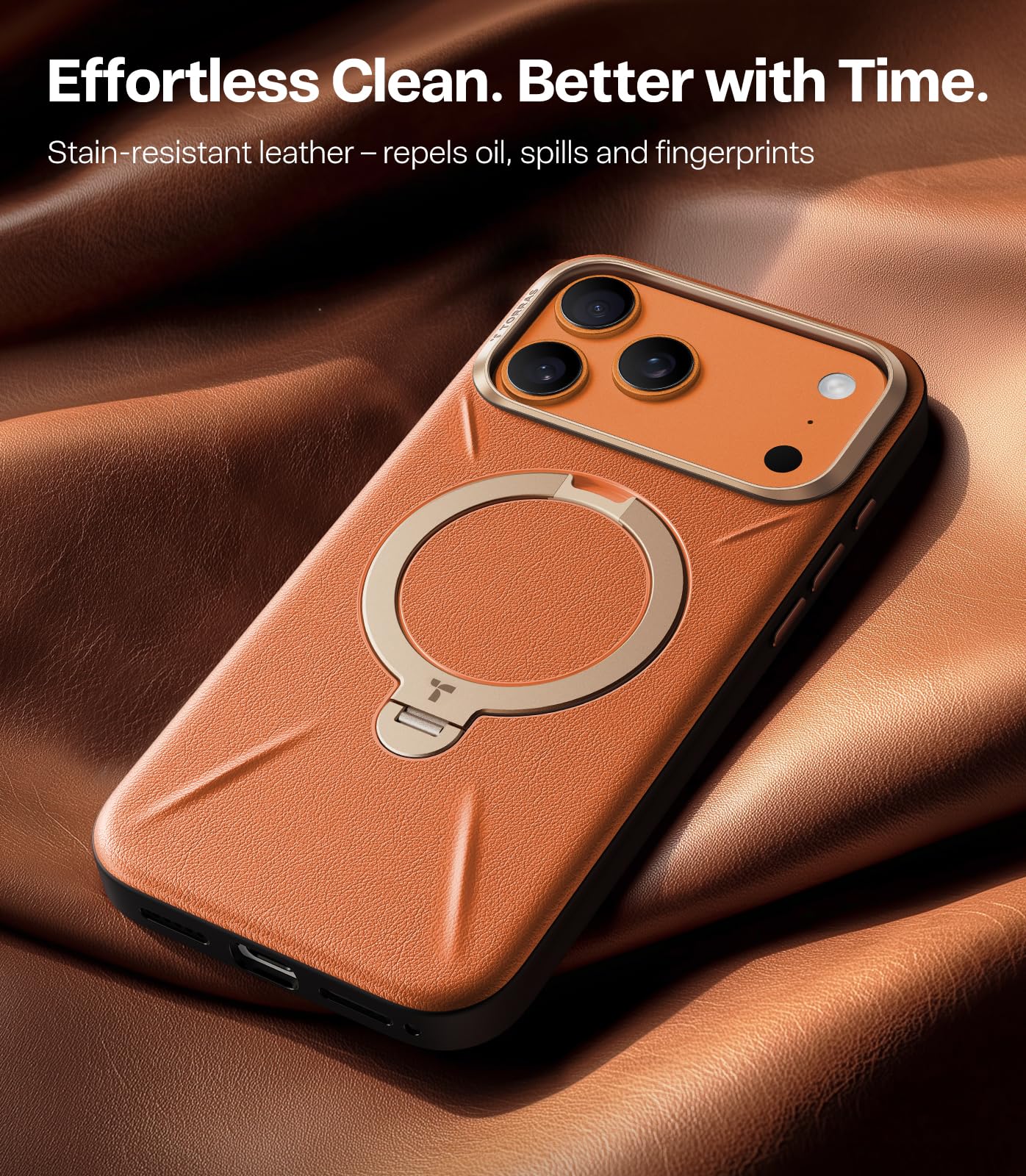 TORRAS Q3 VegSkin for iPhone 17 Pro Max Case Leather, 360 Spin Magnetic Stand, Fit for MagSafe, Camera Control, Shockproof Premium Organic Silicone Leather Case for iPhone 17 Pro Max, Burnt Orange - Image 8