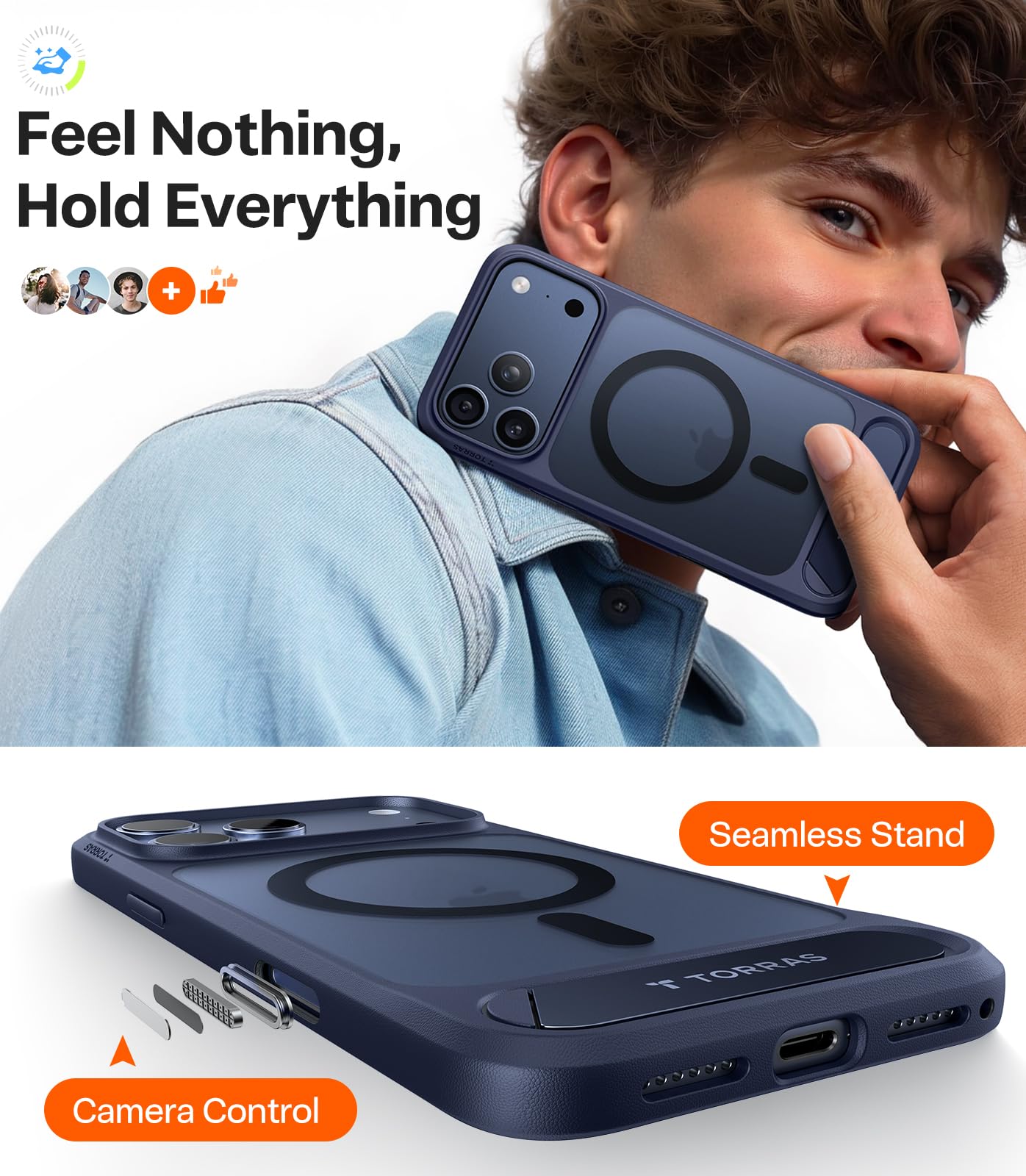 TORRAS Strong Magnetic & Seamless Stand for iPhone 17 Pro Max Case, Fit for MagSafe, Military Grade Drop Protection, Invisible Adjustable Kickstand, Camera Control Button, Translucent Matte Deep Blue - Image 7