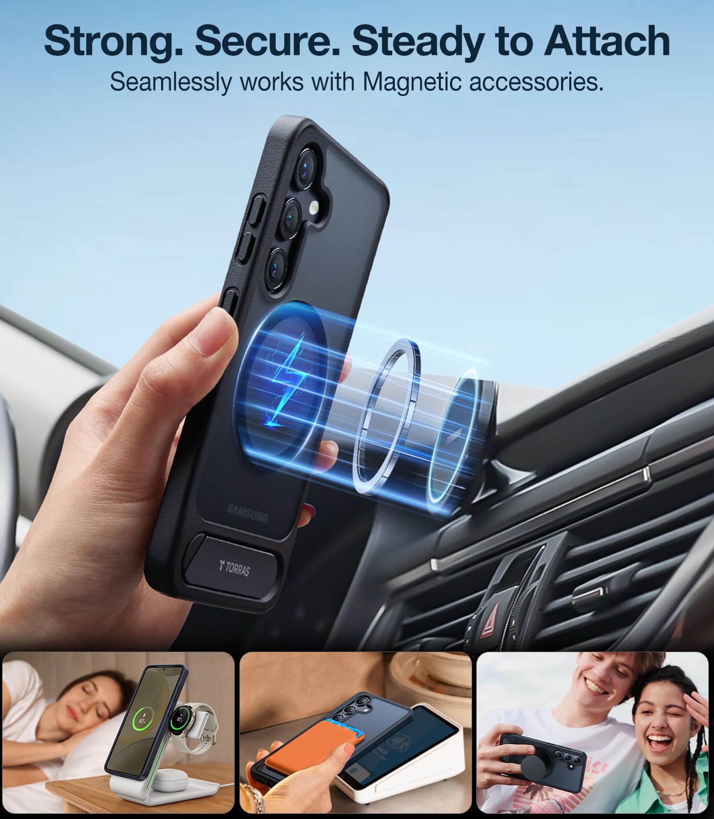 TORRAS Strong Magnetic & Seamless Stand for Samsung Galaxy S24 Case for MagSafe, 12FT Mil-Grade Drop Protection, Adjustable Kickstand for Samsung Galaxy S24 Case, Translucent Back/Black Edge - Image 3