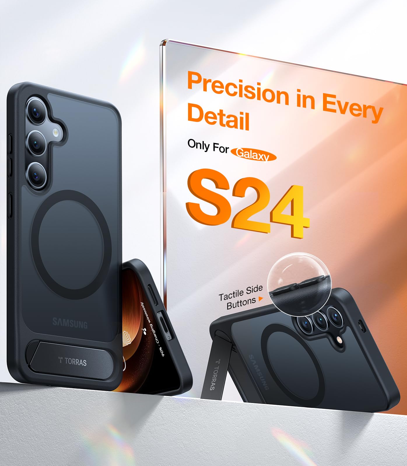 TORRAS Strong Magnetic & Seamless Stand for Samsung Galaxy S24 Case for MagSafe, 12FT Mil-Grade Drop Protection, Adjustable Kickstand for Samsung Galaxy S24 Case, Translucent Back/Black Edge - Image 6