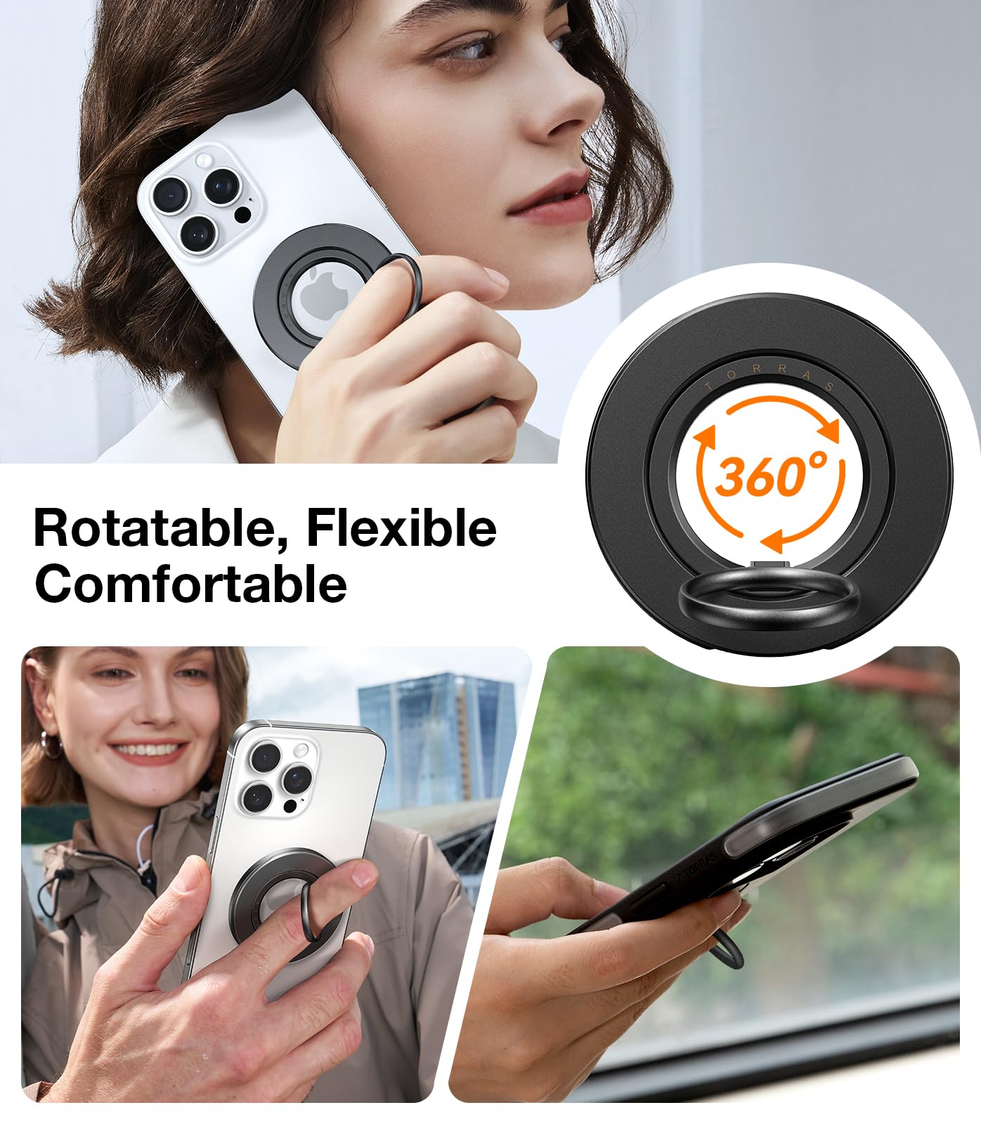 TORRAS Upgrade Gen2.0 (Dual-Ring) Fit for MagSafe Phone Grip Ring Holder, Kickstand Magnetic, Compatible with MagSafe Accessories for iPhone 16/15/14/13/12/11 Samsung, Google, Android, Matte Black - Image 3