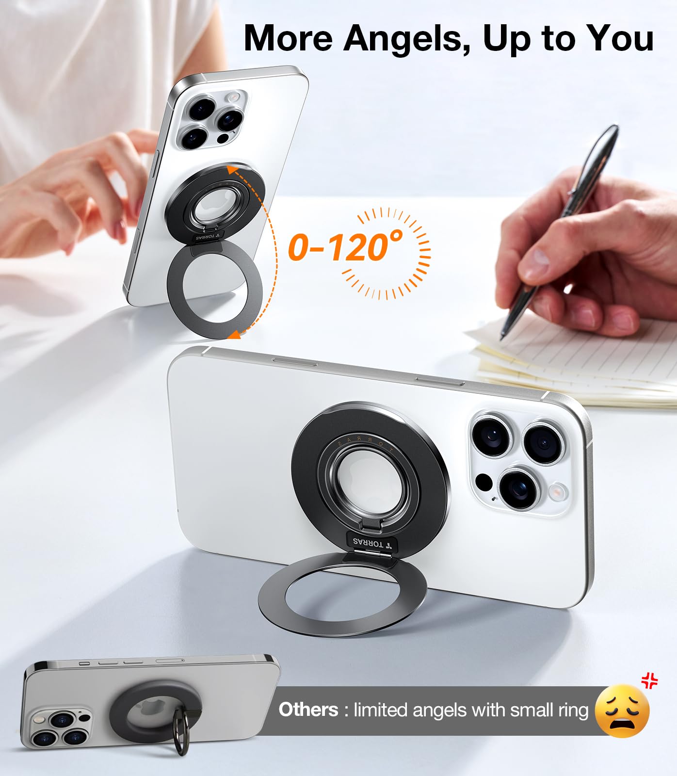 TORRAS Upgrade Gen2.0 (Dual-Ring) Fit for MagSafe Phone Grip Ring Holder, Kickstand Magnetic, Compatible with MagSafe Accessories for iPhone 16/15/14/13/12/11 Samsung, Google, Android, Matte Black - Image 4