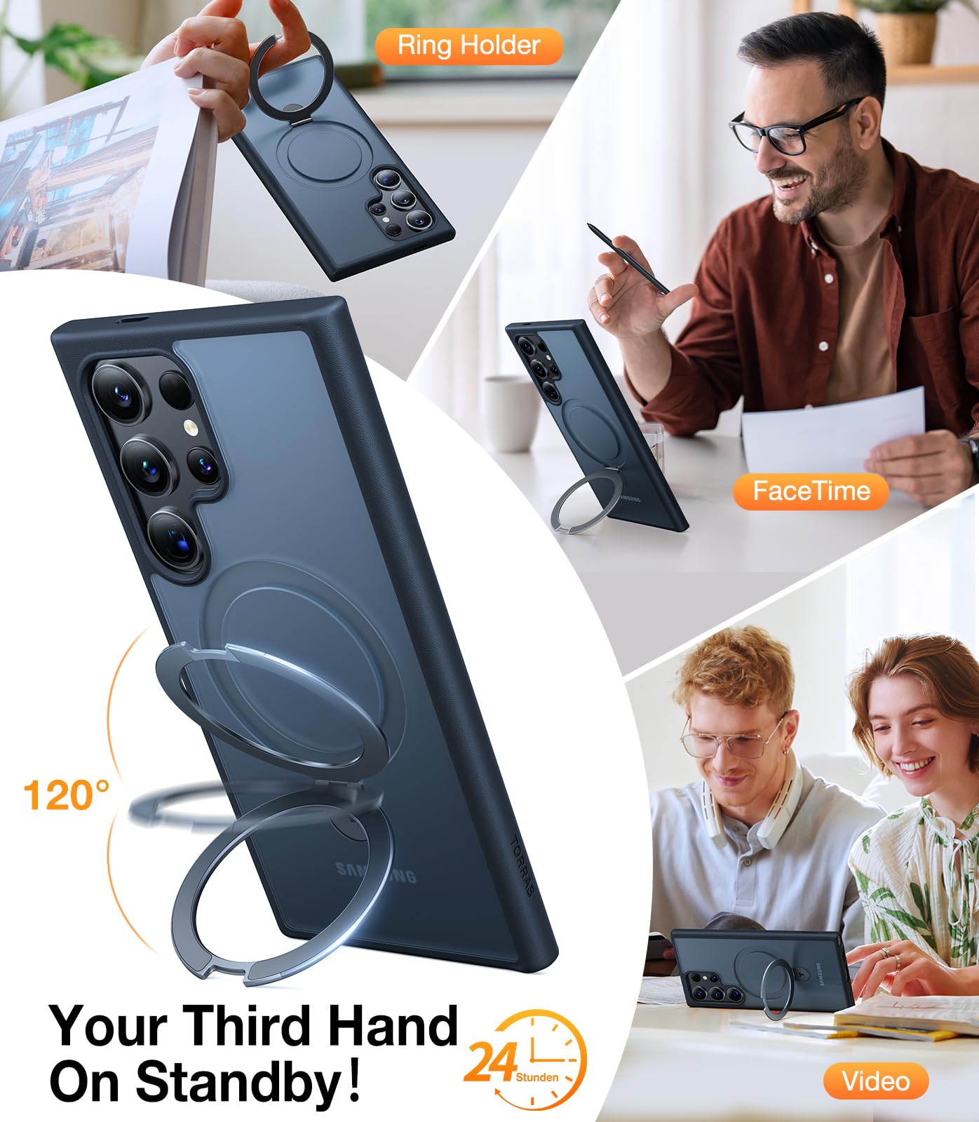 TORRAS Upgraded Magnetic Ring Stand for Samsung Galaxy S24 Ultra Case, [Fit for Magsafe], Military Grade Drop Tested Shockproof Translucent Slim Protective Phone Case for Samsung S24 Ultra Case, Black - Image 3
